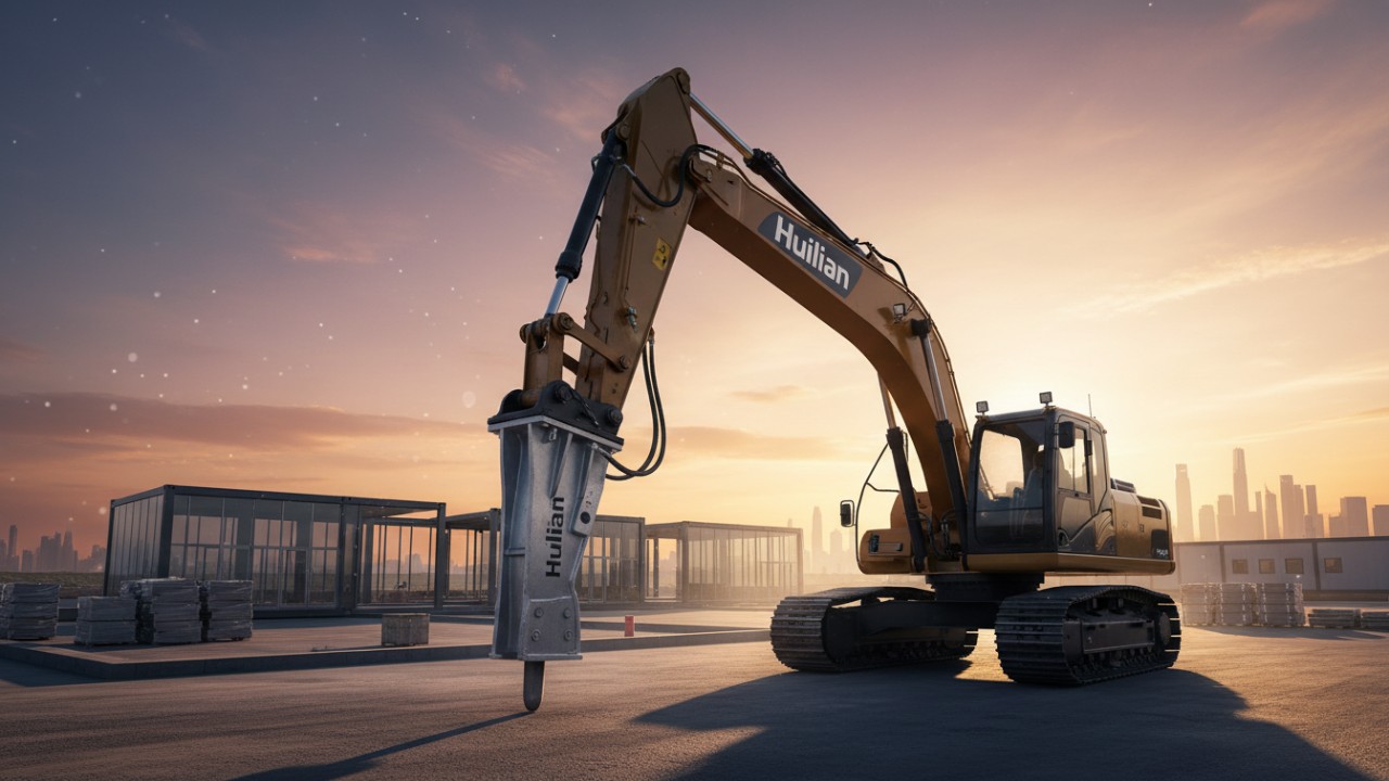 A cinematic sunset view of an excavator with a Huilian hydraulic breaker at a finished demolition site.