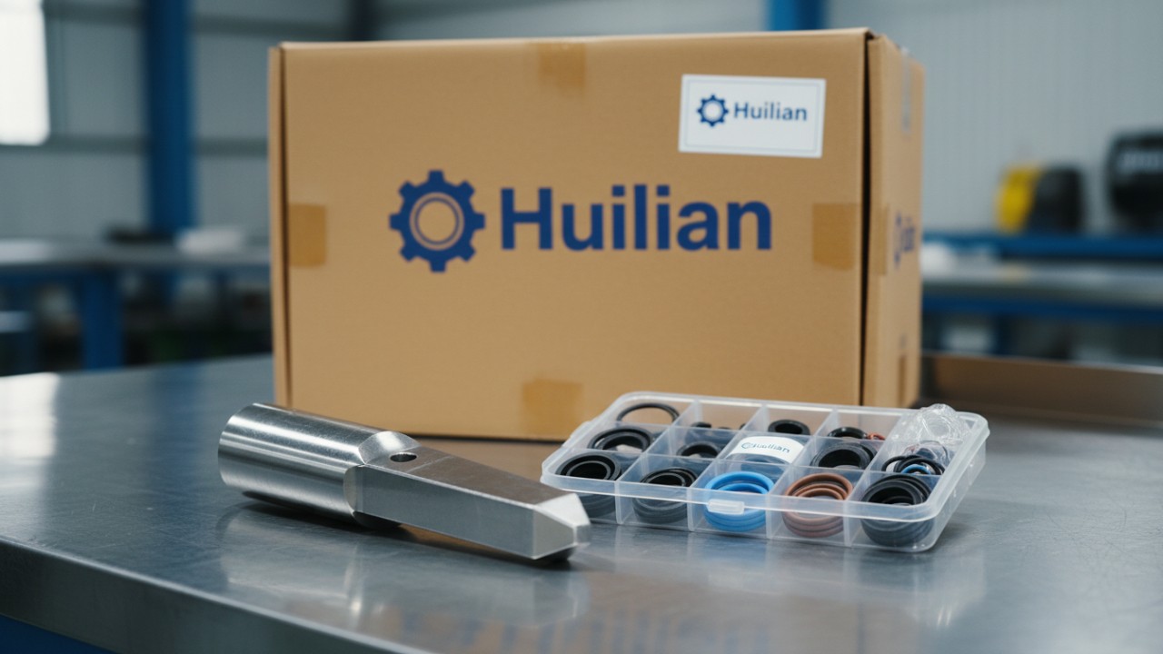 A collection of high quality excavator replacement parts and seal kits next to a Huilian branded box