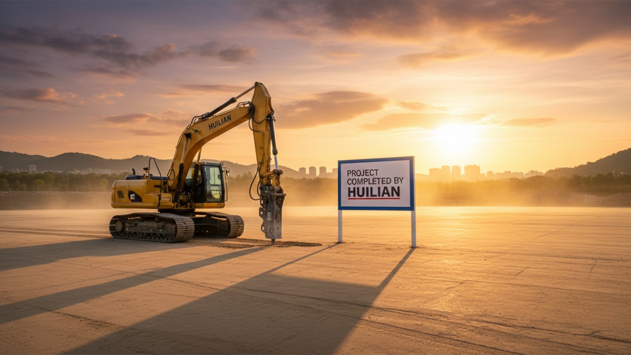 A completed construction site at sunset featuring an excavator and a sign that says Project Completed by Huilian