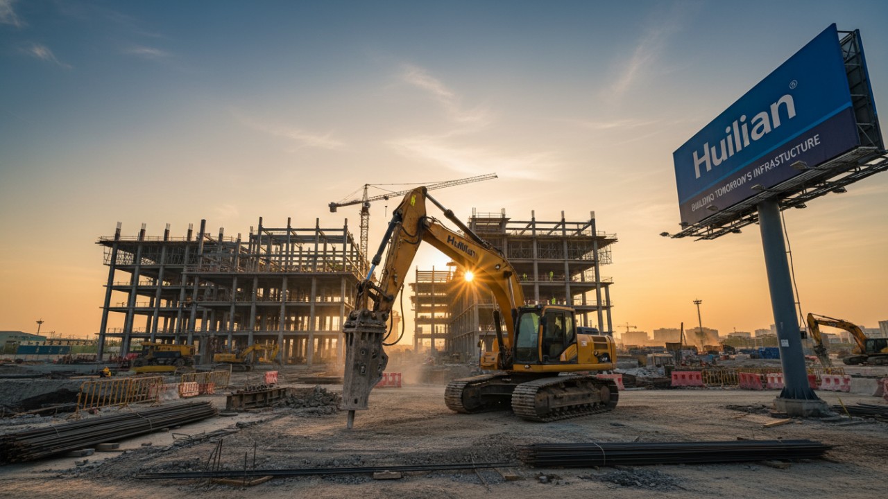 A construction site at dawn with an excavator and a Huilian sign representing long-term investment and project success.