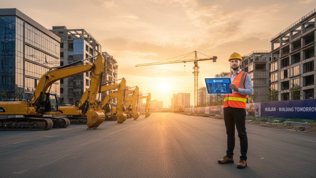 A construction site at sunset with well-maintained excavators and a digital tablet showing the Huilian brand