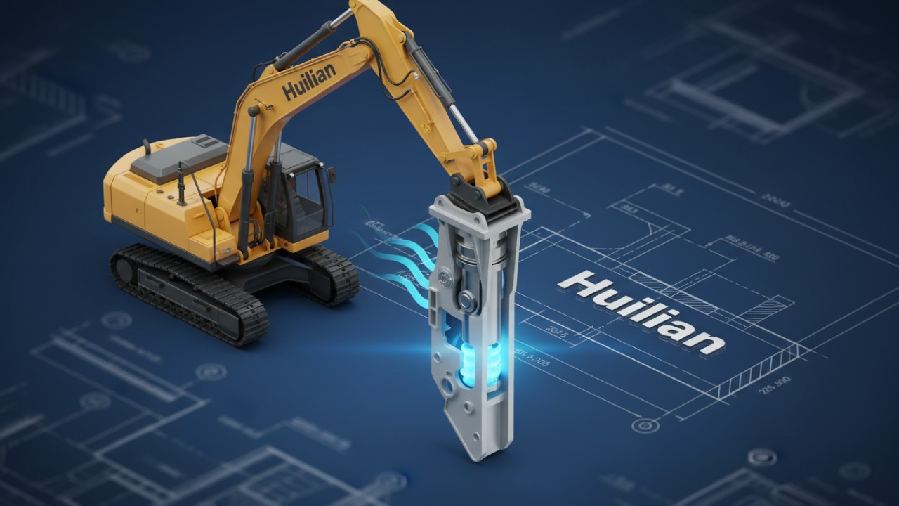A detailed 3D cutaway illustration showing the internal piston and mechanics of a Huilian hydraulic breaker attached to an excavator.