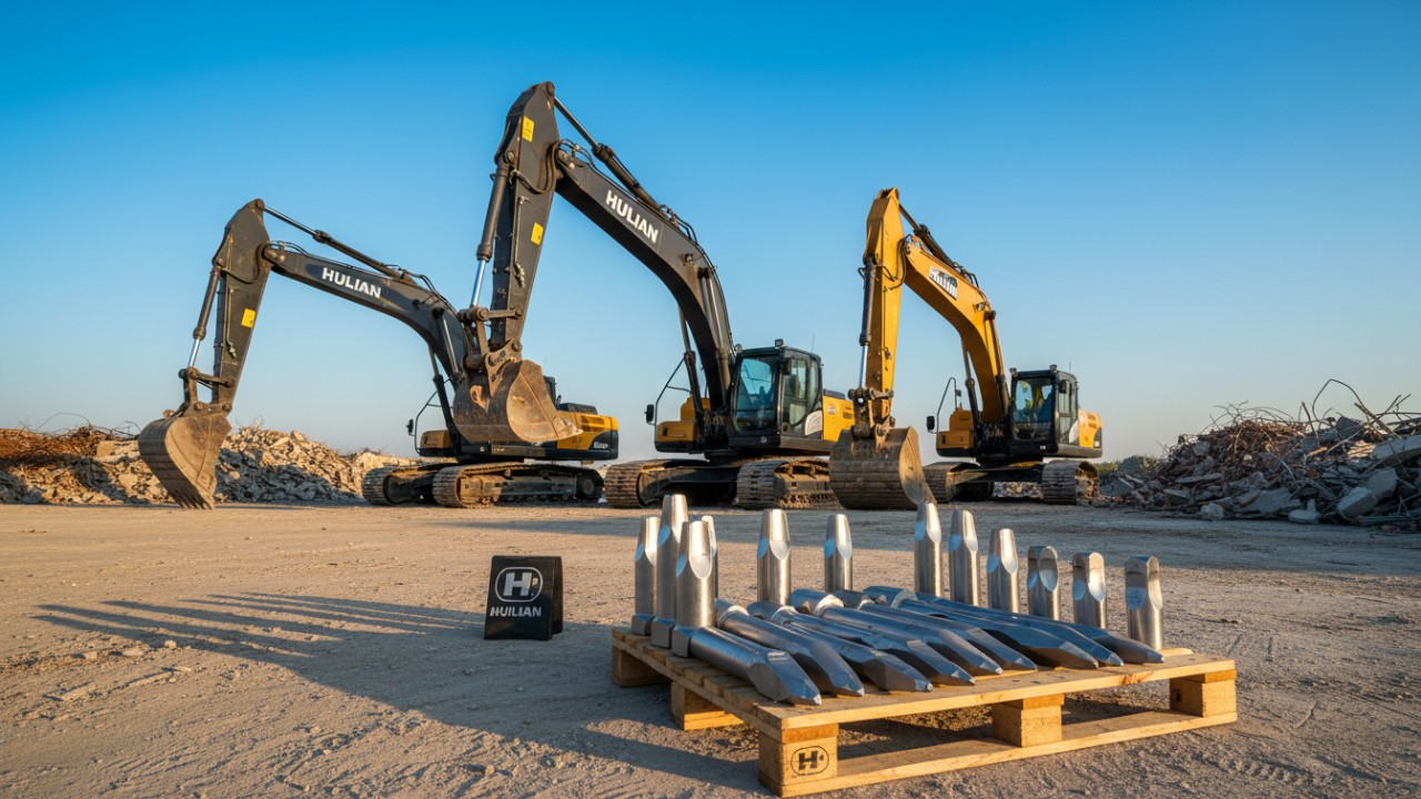 A fleet of excavators and a stack of new chisels labeled with the Huilian brand name at a completed construction site.