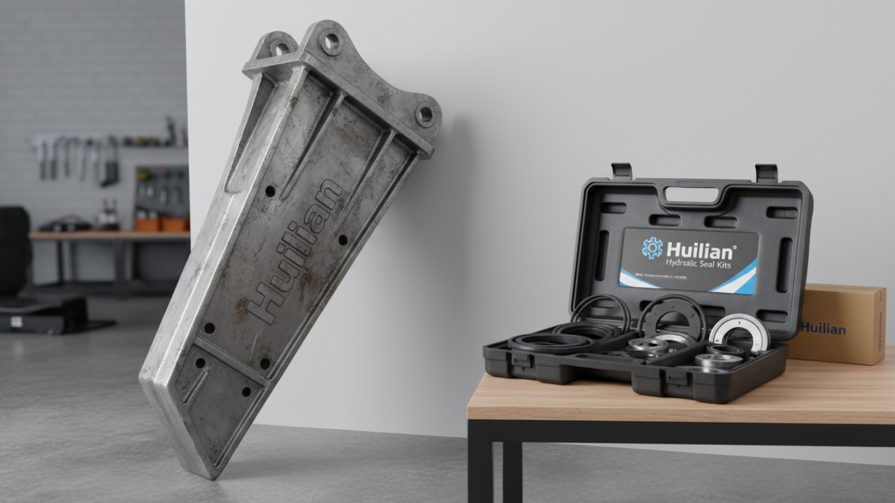 A heavy-duty hydraulic breaker and a professional seal kit box both featuring the Huilian brand name