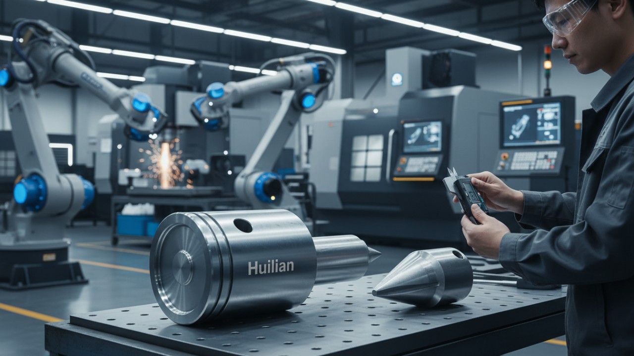 A high tech industrial workshop showcasing the manufacturing of hydraulic rock breaker parts with the brand Huilian engraved on a steel component