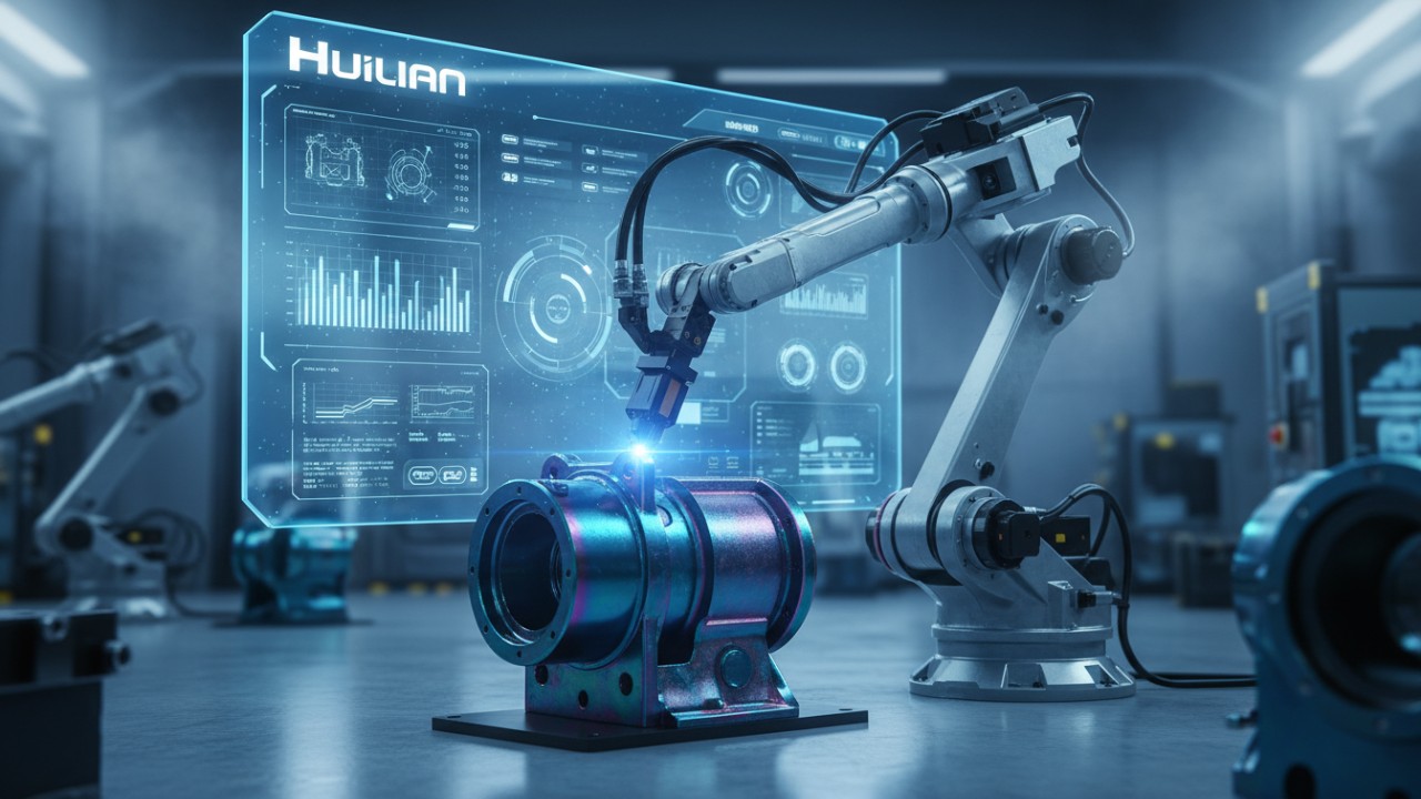 A high-tech laboratory scene showing futuristic material innovations for hydraulic parts with a Huilian holographic display.
