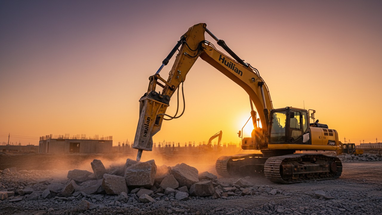 A powerful excavator using a Huilian branded hydraulic rock breaker at a construction site during sunset