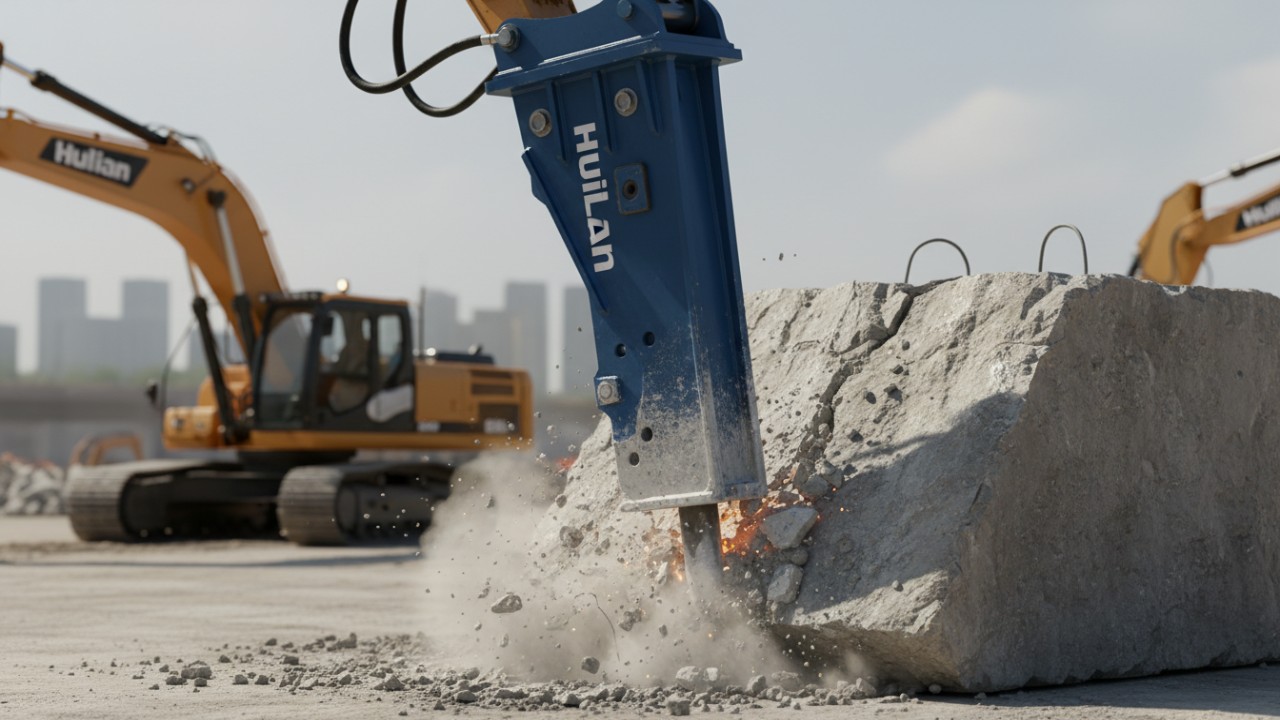 A powerful Huilian branded excavator breaker attachment striking and breaking a large concrete block on a construction site.