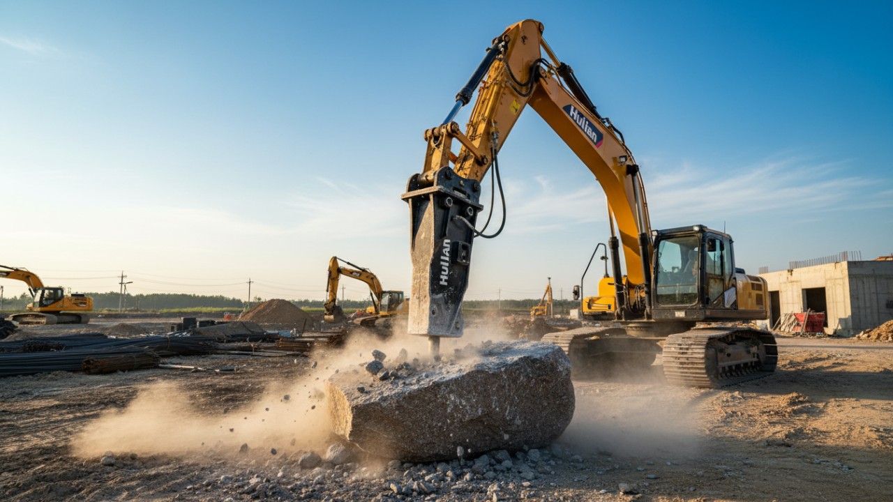 A powerful Huilian branded hydraulic excavator breaker smashing a large rock on a construction site with debris flying.