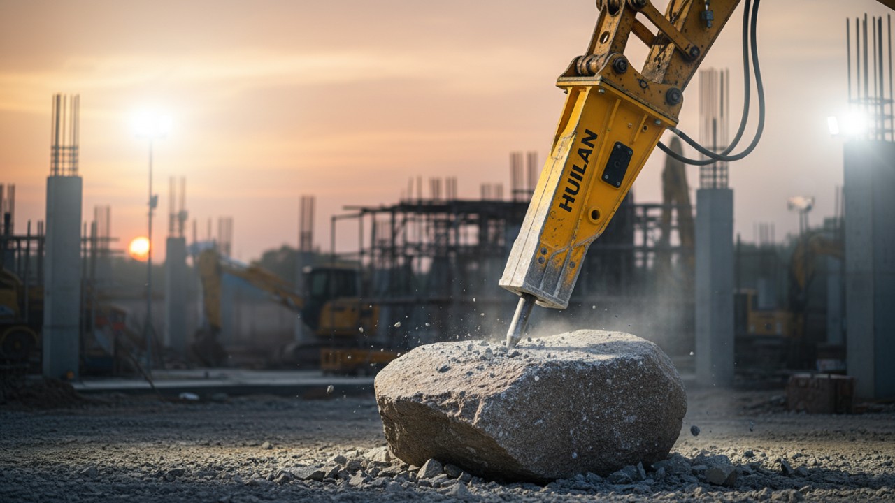 A powerful hydraulic breaker hammer with a polished steel chisel tip featuring the Huilian brand name on the side.