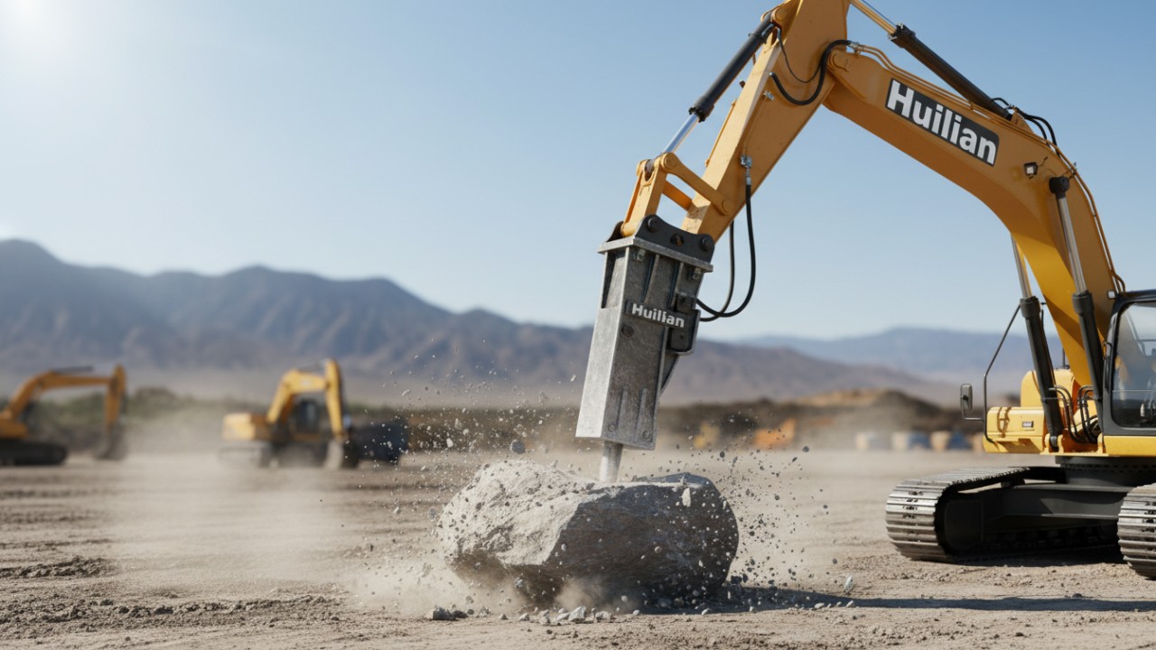A powerful hydraulic hammer rock breaker with the Huilian brand name shattering a large boulder at a construction site