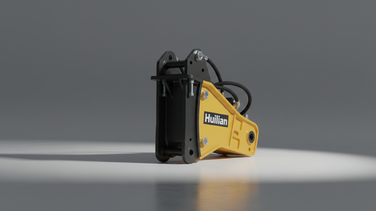 A premium Huilian brand hydraulic breaker attachment for an excavator displayed in a professional studio setting.