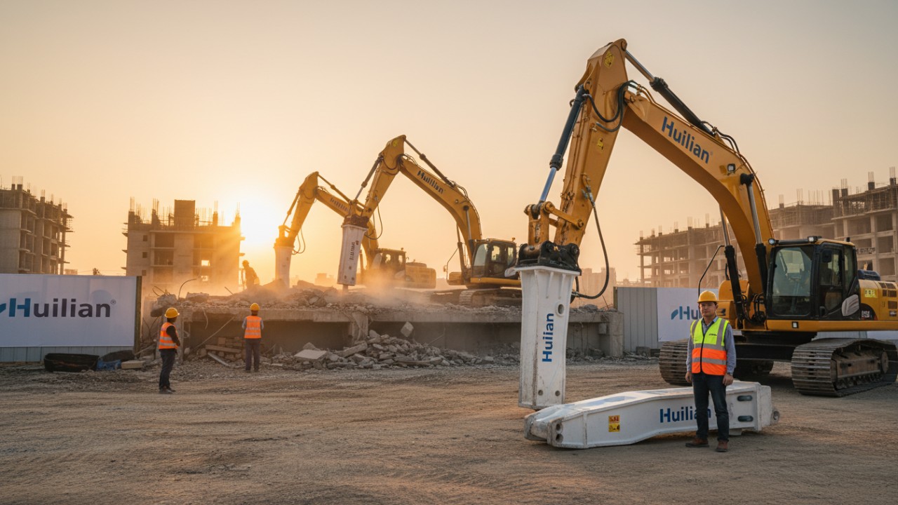 A professional construction site at sunset featuring a excavator with a Huilian branded hydraulic breaker.