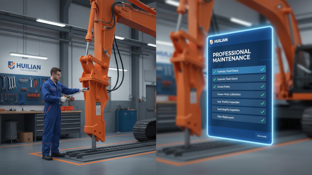 A professional illustration of a technician performing maintenance on a breaker with a Huilian branded diagnostic screen in the background.