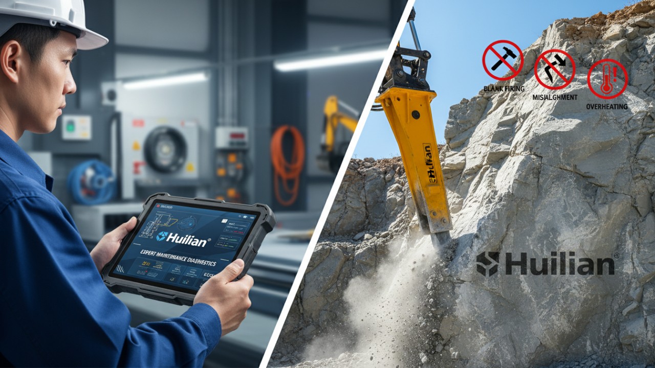 A professional vector illustration comparing expert maintenance tips using Huilian software and efficient machine operation.