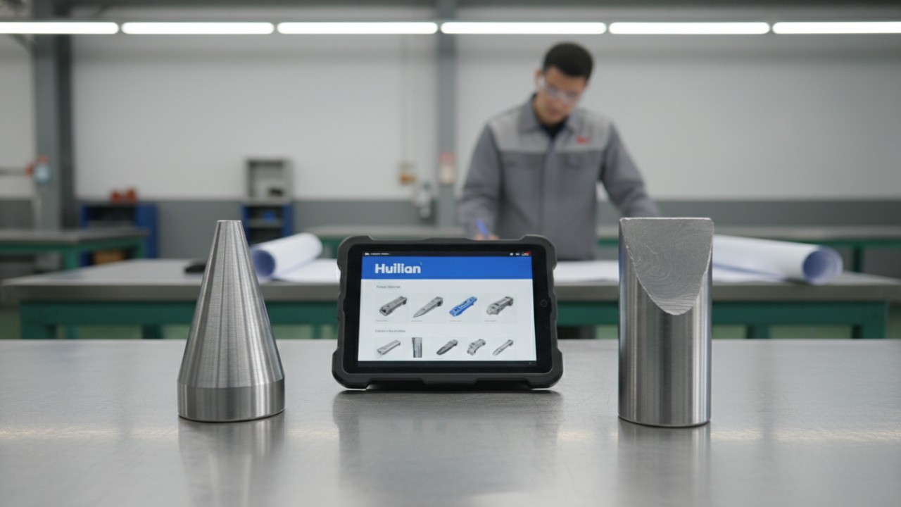 A side by side comparison of hydraulic breaker parts on an industrial workbench with a digital tablet displaying the Huilian brand name