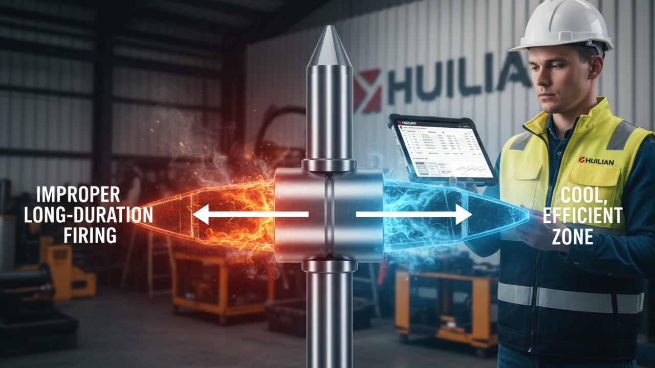 A technical comparison of improper and proper hydraulic breaker tool handling with Huilian branding visible on a technician's tablet.