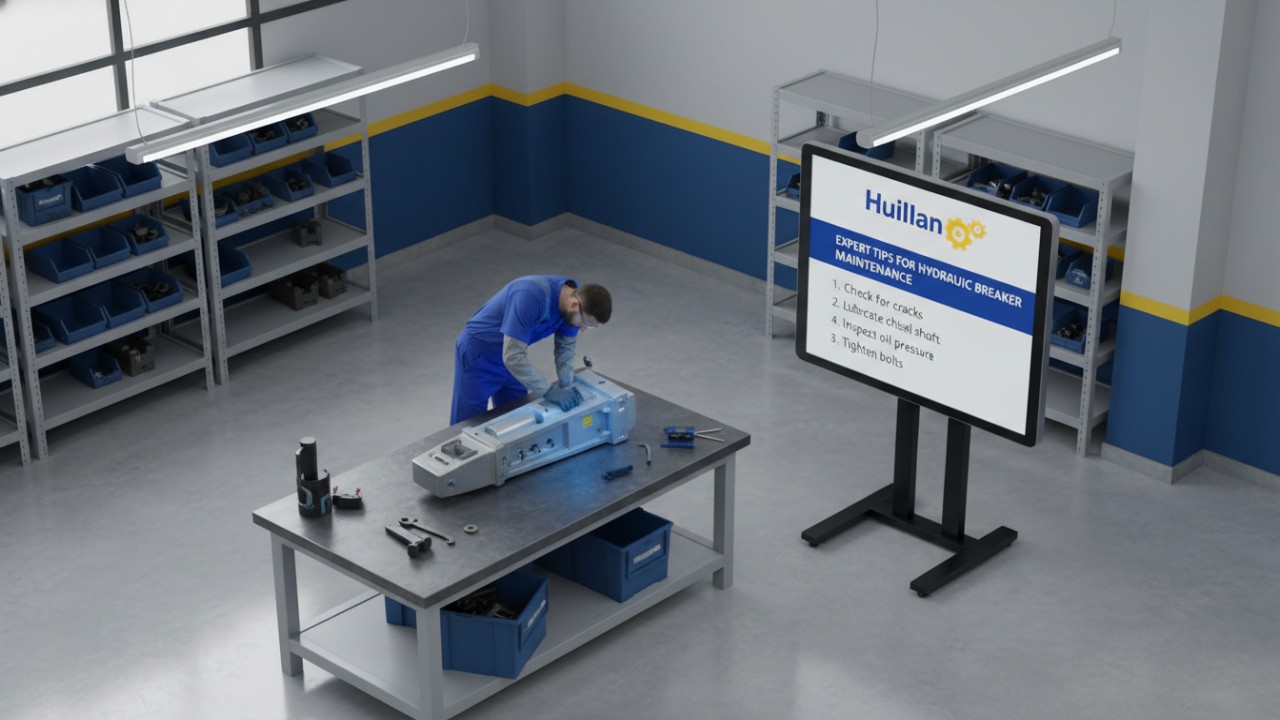 A technician inspecting equipment next to a digital screen showing Huilian expert tips and maintenance checklists.