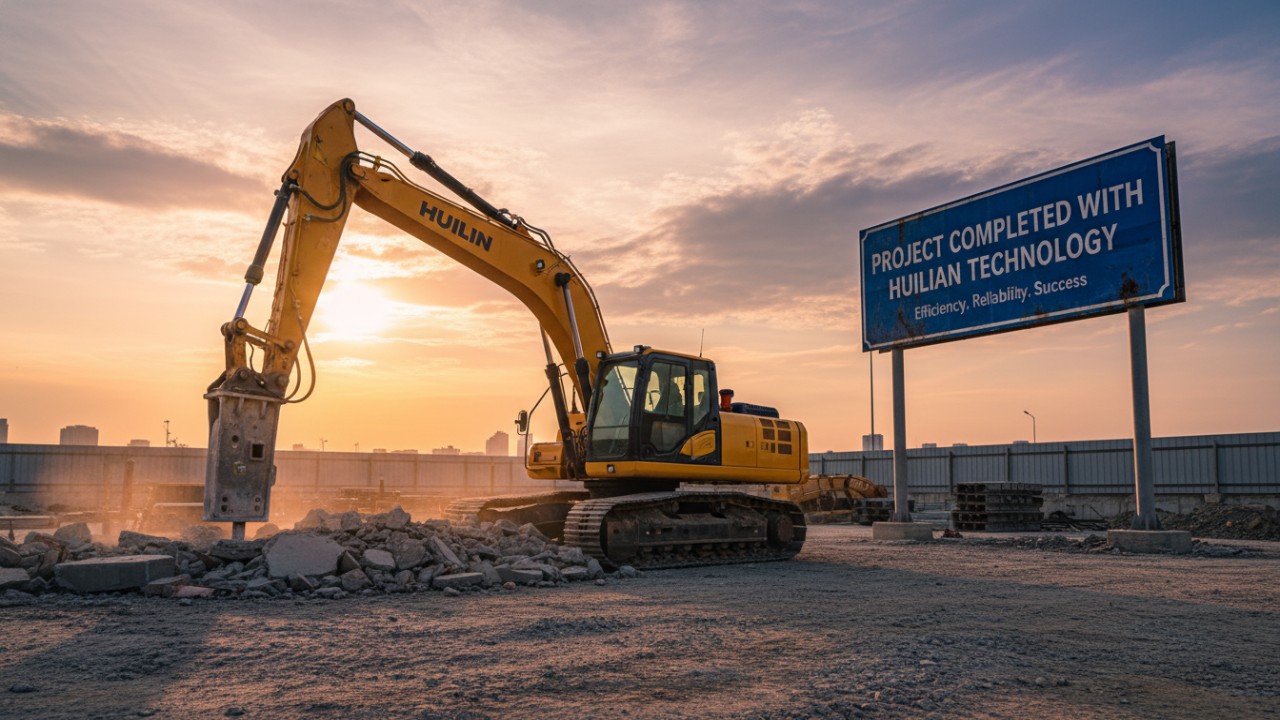 An excavator with a hydraulic breaker parked at a finished demolition site during sunset with a Huilian brand sign in the background.