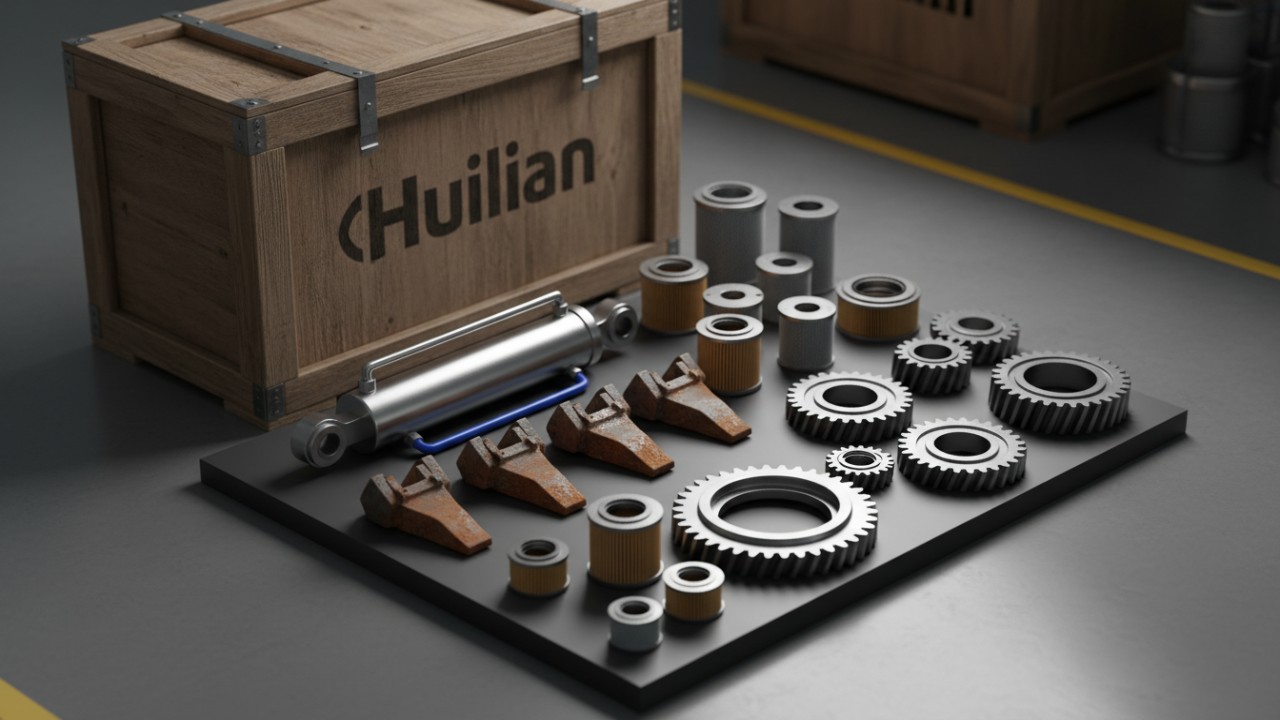 An organized arrangement of excavator spare parts including gears and hydraulic components with a Huilian branded shipping crate