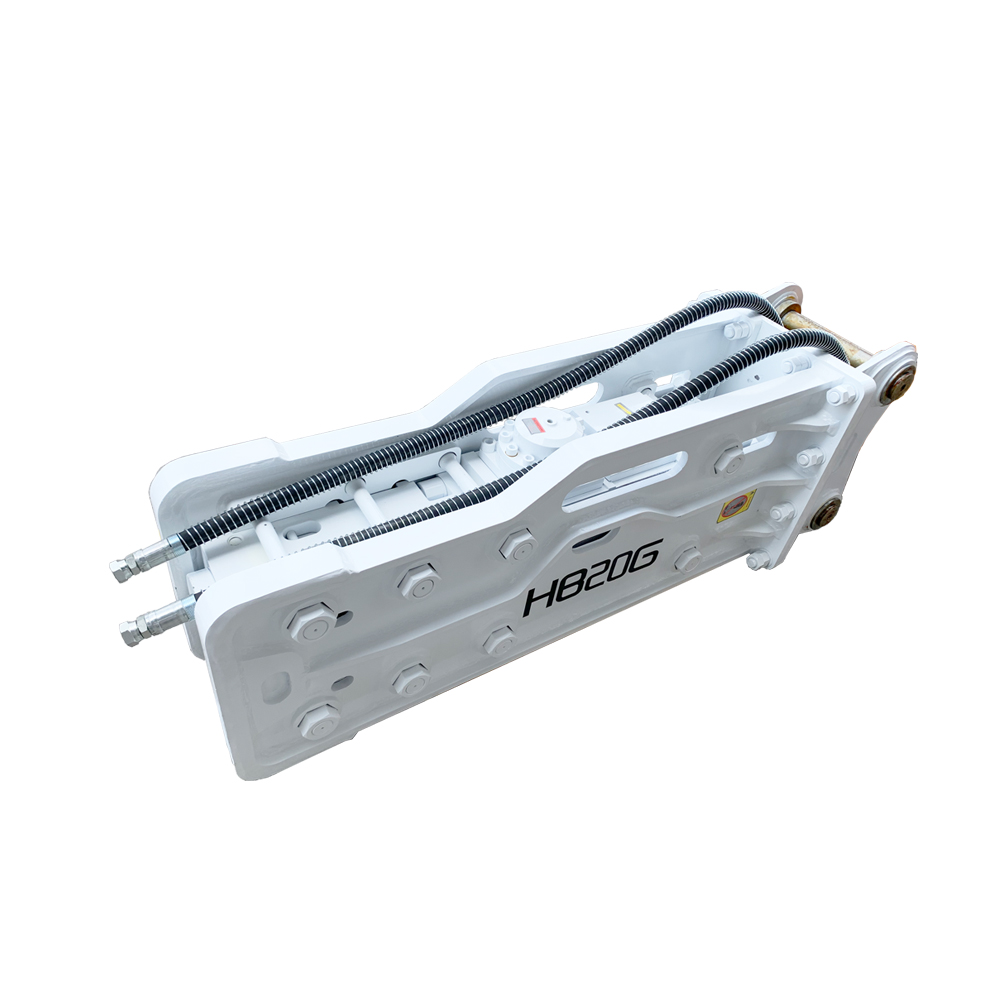 Here's an alt text option for the image:

White HB20G rock breaker, hydraulic hoses visible.