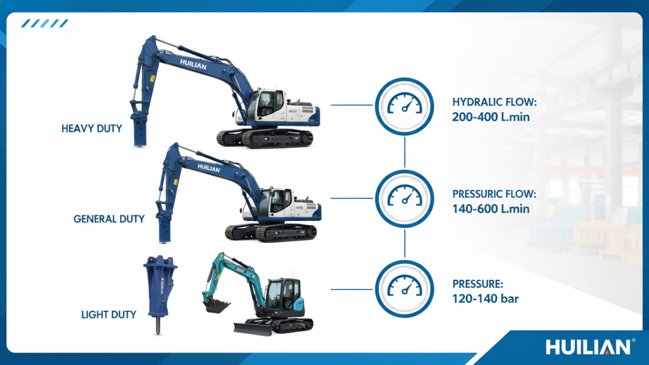 Comparison chart showing how to match hydraulic breaker size to excavator carrier weight