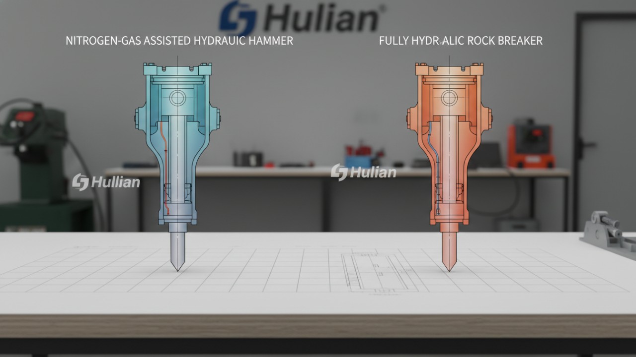 Comparison diagram of nitrogen gas and fully hydraulic rock breaker systems
