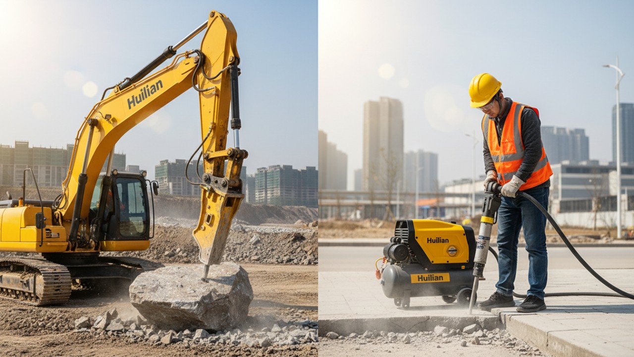 Comparison of a heavy hydraulic excavator breaker and a manual pneumatic hammer at a construction site