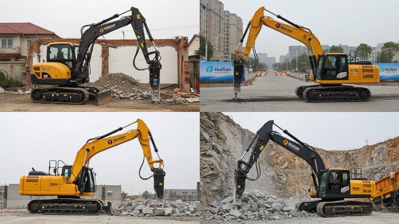 Comparison View of Mini Midi and Large Excavators with Sized Hydraulic Rock Breakers