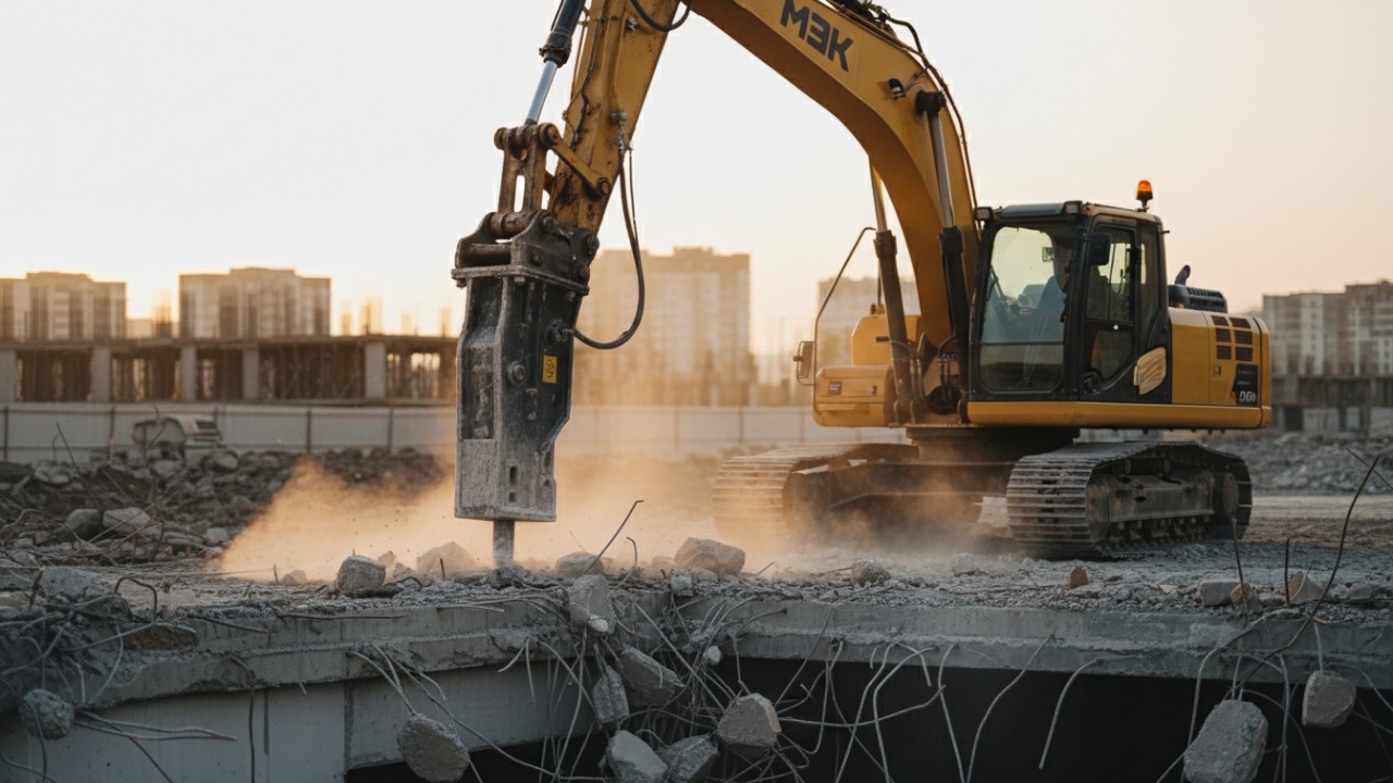 excavadora con accesorio rompedor de hormigón