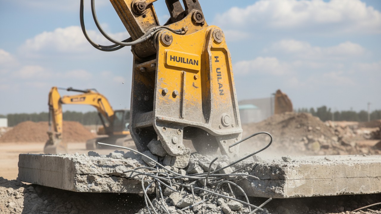 Concrete pulverizer attachment crushing concrete to separate rebar