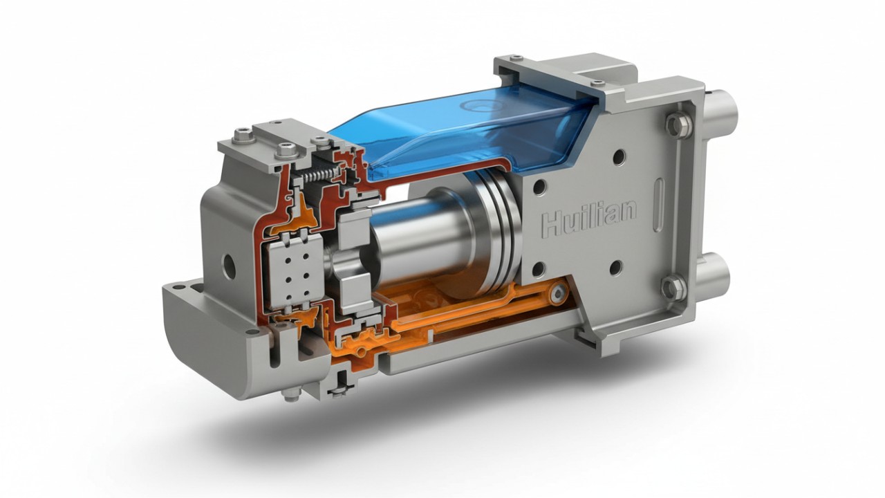 Diagrama de sección transversal de un martillo hidráulico Komatsu serie JTHB que muestra la tecnología híbrida.