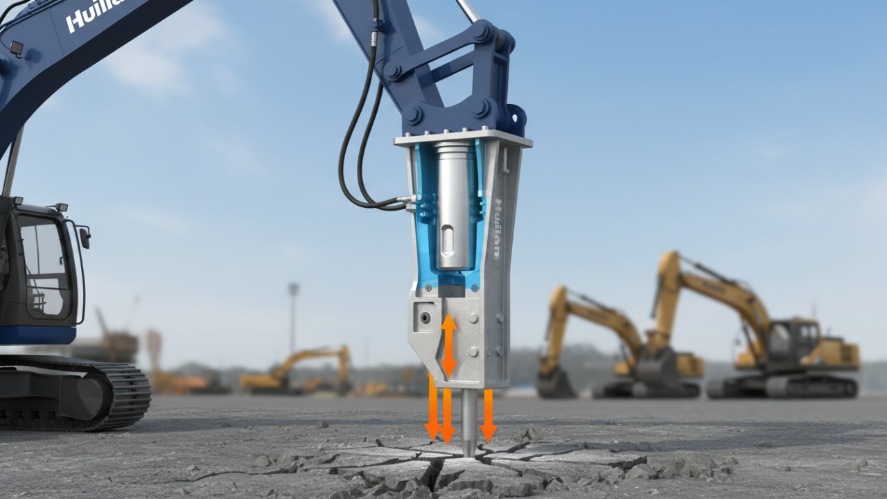 Diagram of a hydraulic breaker hammer showing energy transfer from piston to chisel