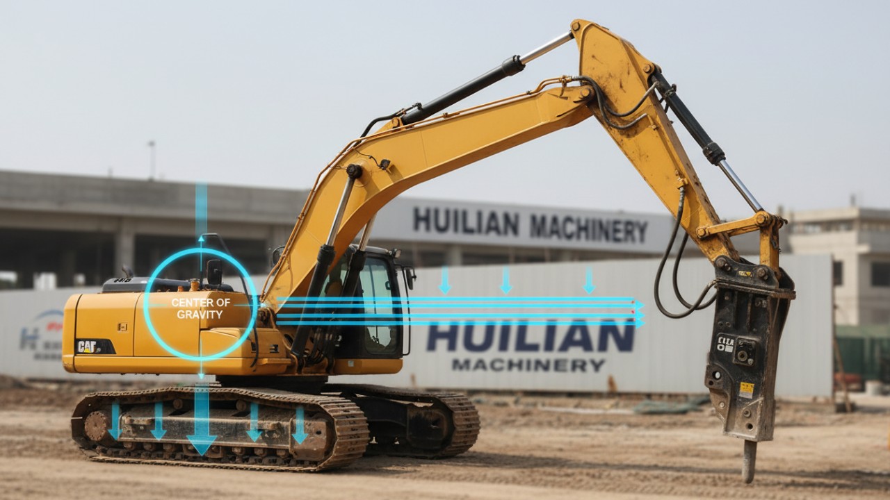 Diagram showing the center of gravity and physics of an excavator using a side mount breaker for horizontal reach
