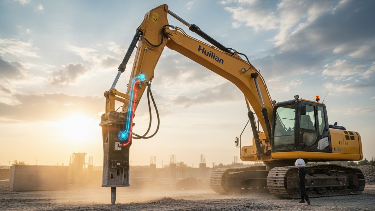 Excavator hydraulic system and breaker attachment compatibility illustration