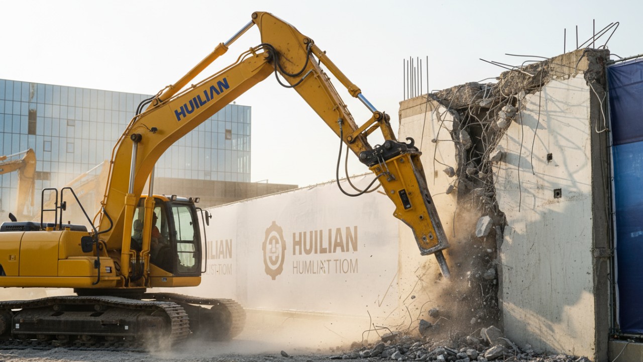 Excavator using a hydraulic breaker for concrete demolition on a construction site