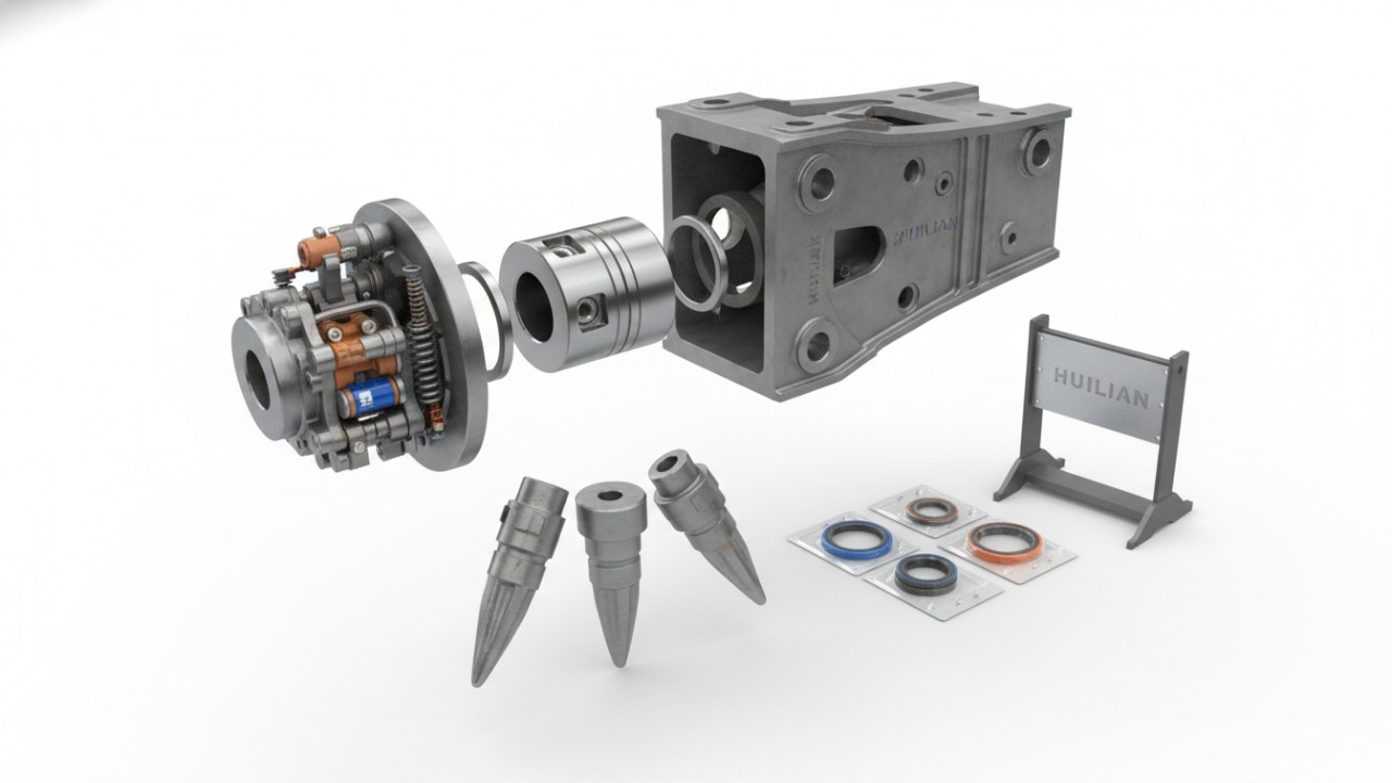 Exploded view of hydraulic rock breaker components including chisels seals and pistons