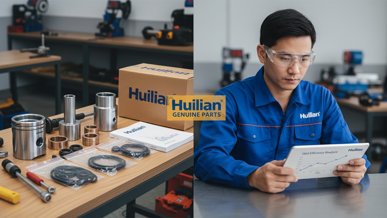 Genuine Huilian excavator breaker maintenance parts and a technical manual arranged on a professional workshop table.