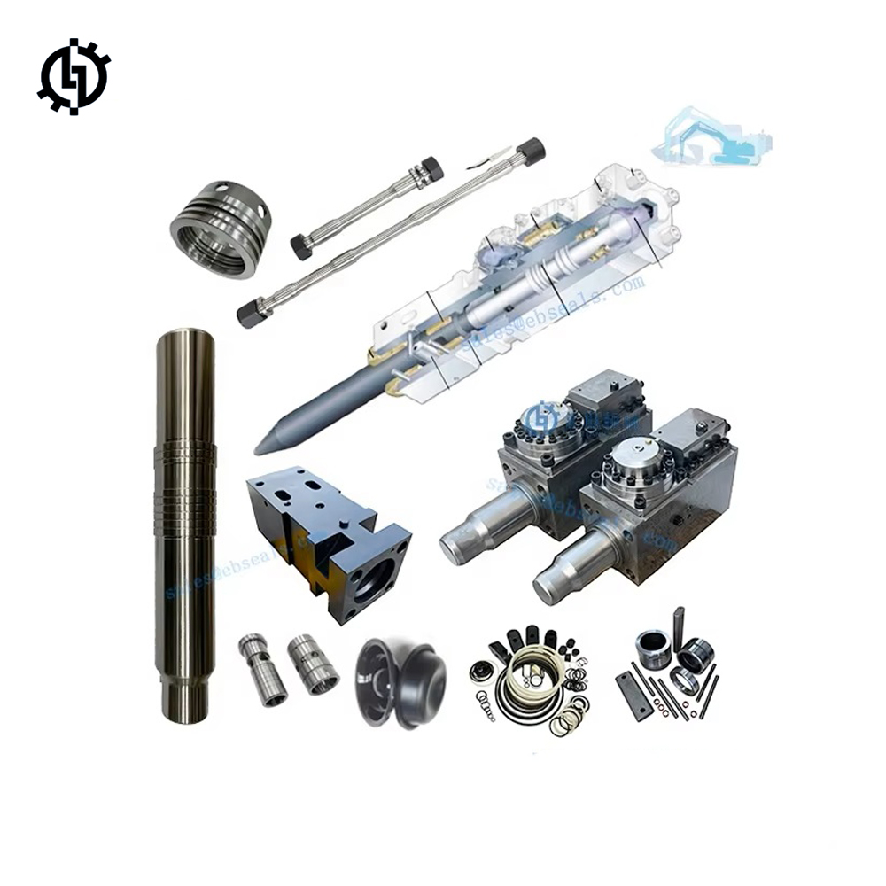 Assorted hydraulic breaker parts including piston, valve, cylinder, and various seals and components.