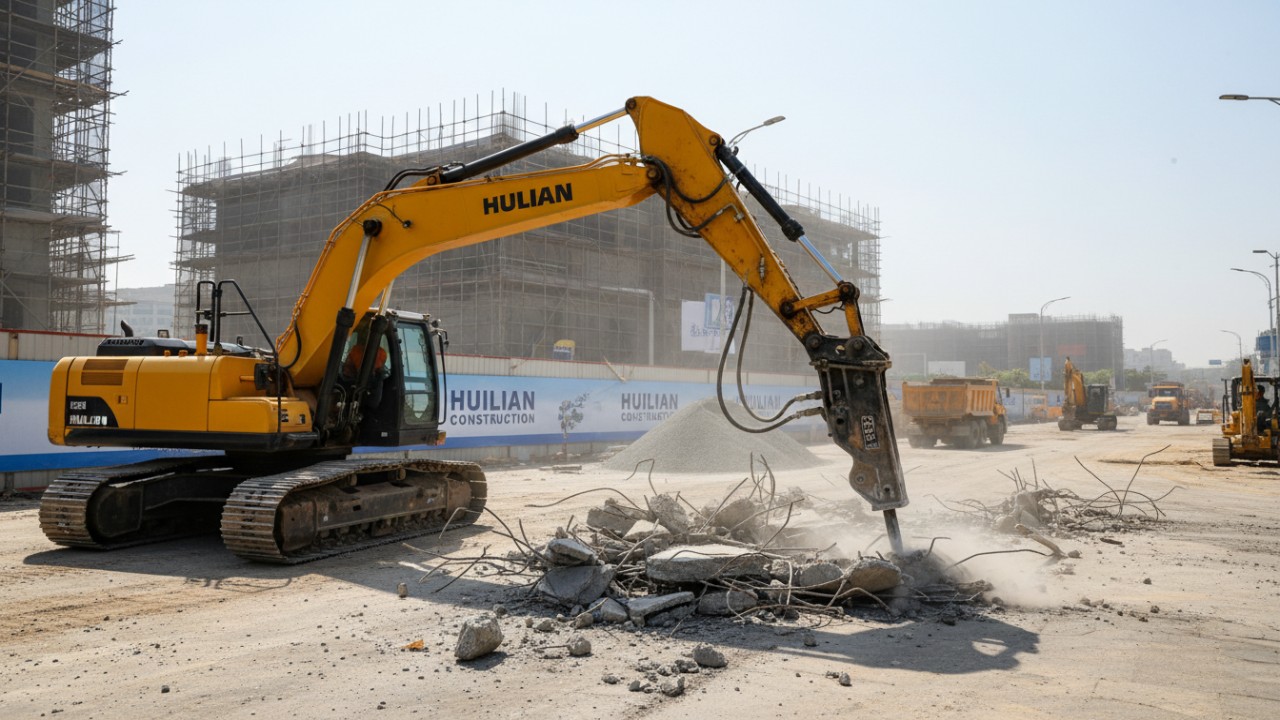 Heavy duty hydraulic breaker demolishing urban concrete road