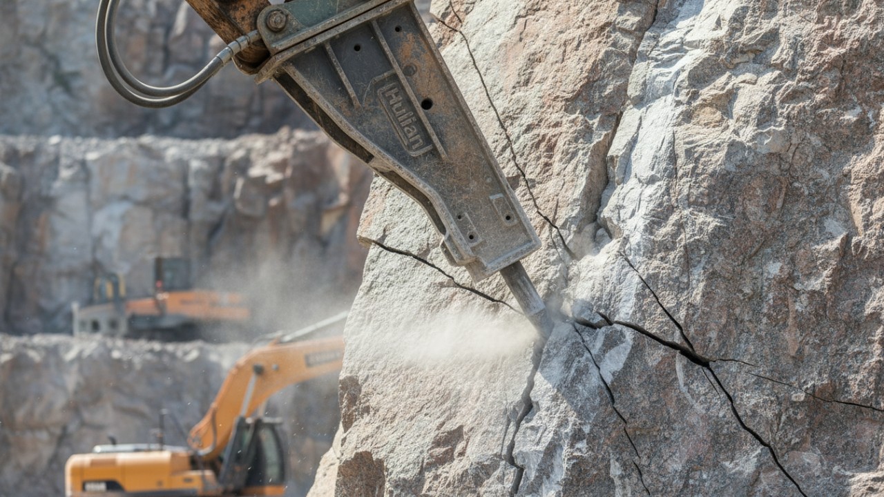Heavy duty hydraulic breaker fracturing a granite rock face in a quarry