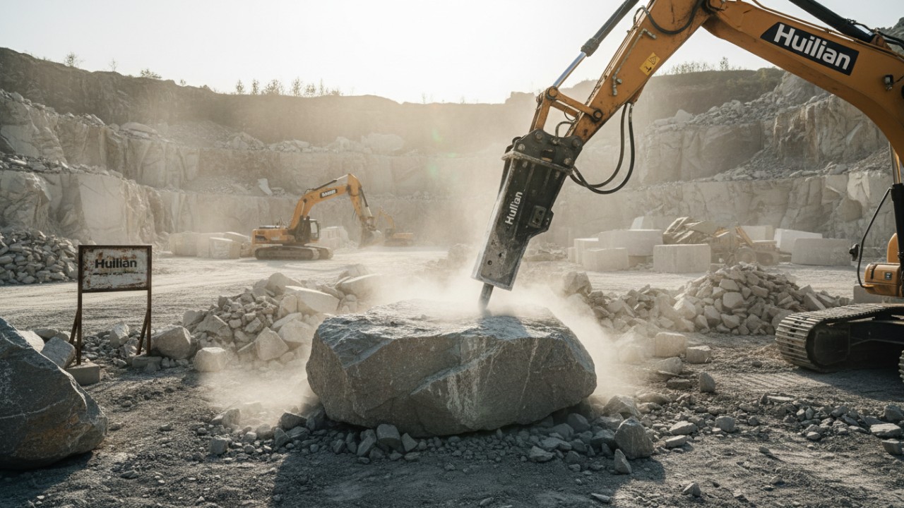 Heavy duty hydraulic breaker fracturing large granite boulders in a quarry
