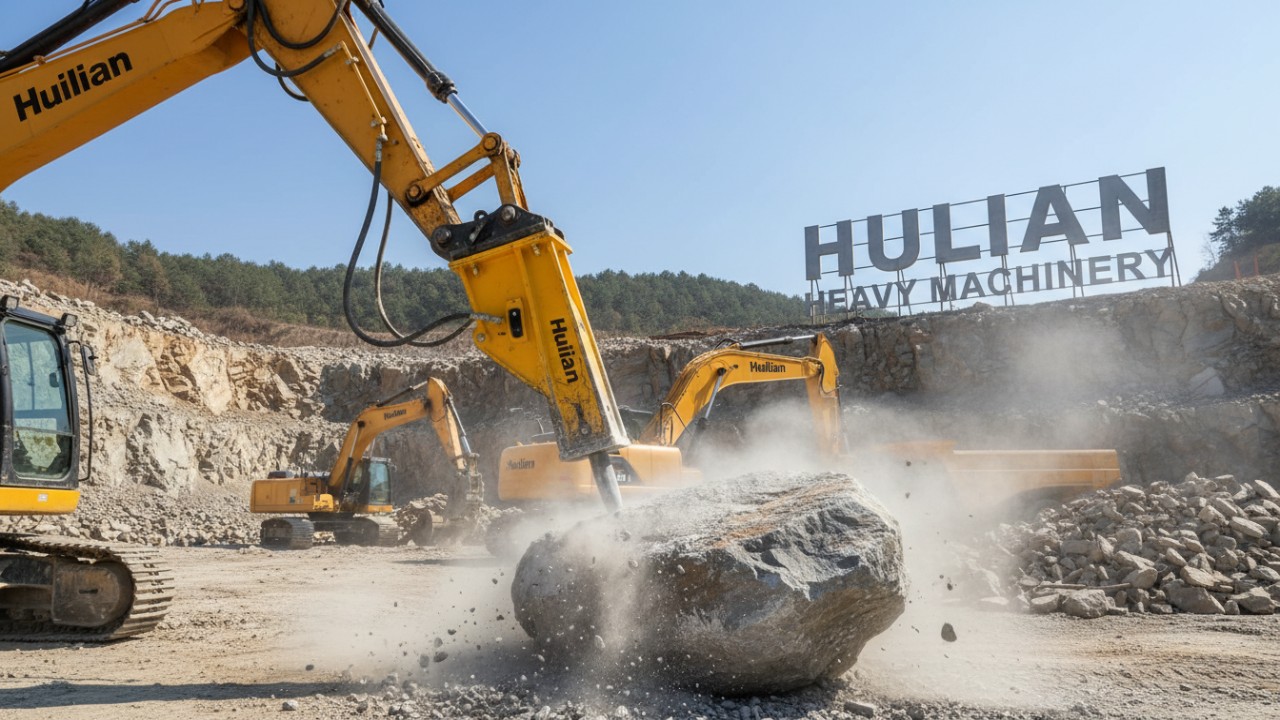 Heavy duty hydraulic hammer rock breaker on an excavator loader