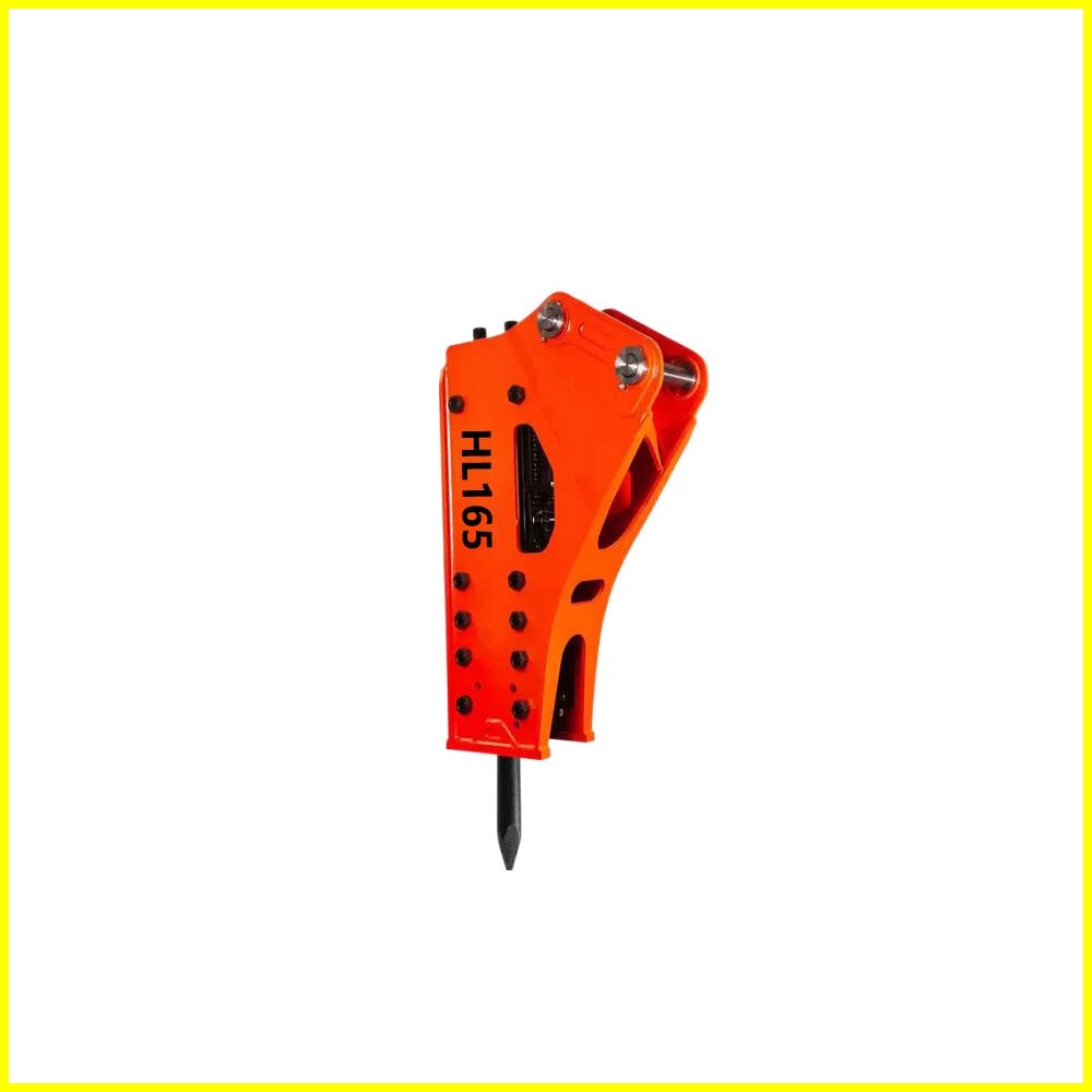 Here's an alt text option:
Orange hydraulic hammer breaker HL165.