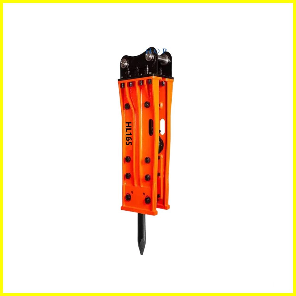 HL165 breaker hammer for excavator attachment.  Orange and black heavy-duty construction equipment.