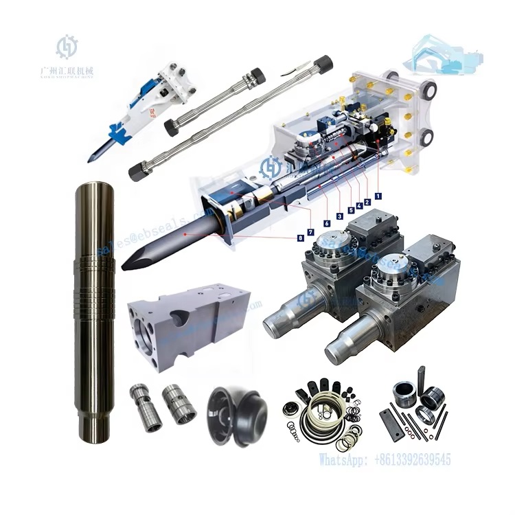 Exploded view diagram showing components of a hydraulic breaker, including the main body, piston, chisel, valves, and various spare parts.