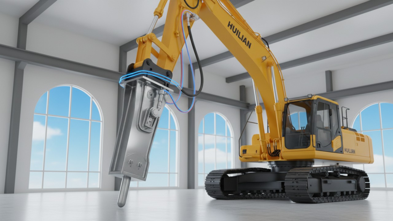 Hydraulic breaker attachment correctly mounted on an excavator carrier