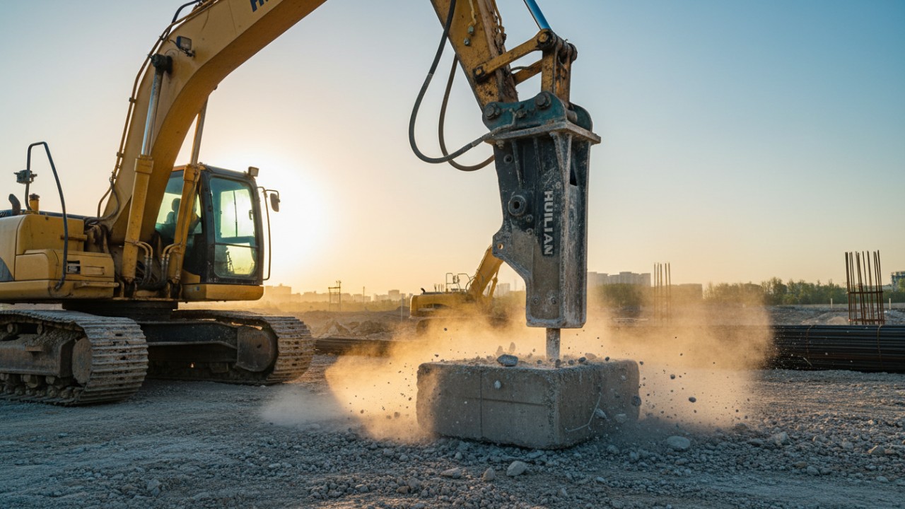 Hydraulic breaker attachment on excavator breaking concrete block