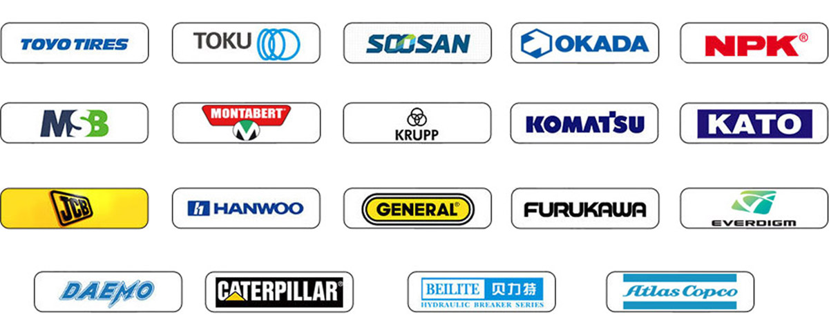 hydraulic hammer breaker brand, including Toyo Tires, Toku, Soosan, Okada, NPK, MSB, Montabert, Krupp, Komatsu, Kato, JCB, Hanwoo, General, Furukawa, Everdigm, Daemo, Caterpillar, Beilite, and Atlas Copco.