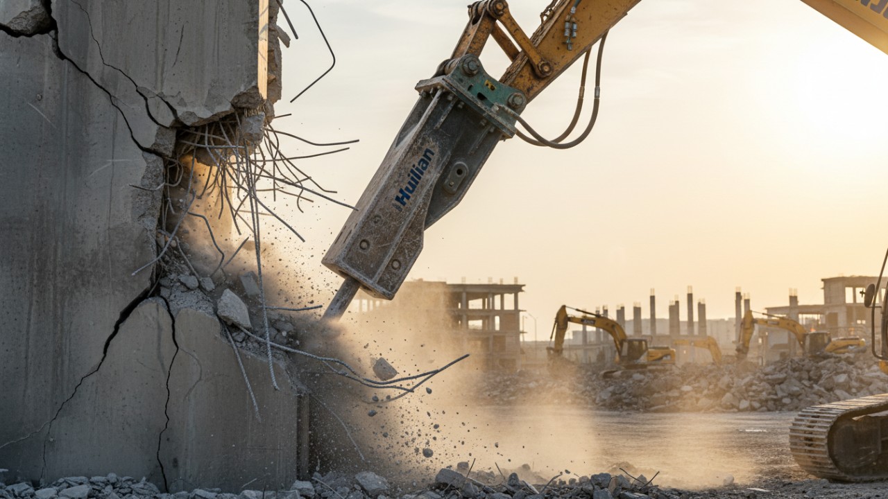 Hydraulic breaker crushing reinforced concrete during structural demolition